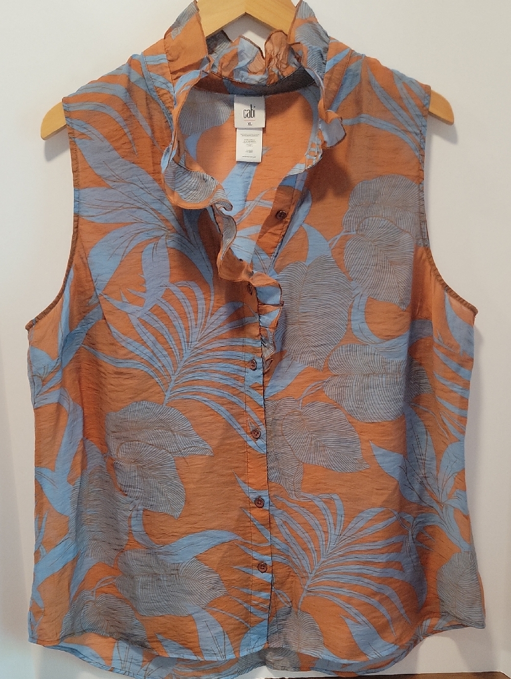 Cabi Womens XL Blouse Button Up Ruffle Sleeves Sheer Copper And Blue